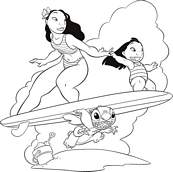 coloriage lilo et sa soeur sur un surf porte par stitch